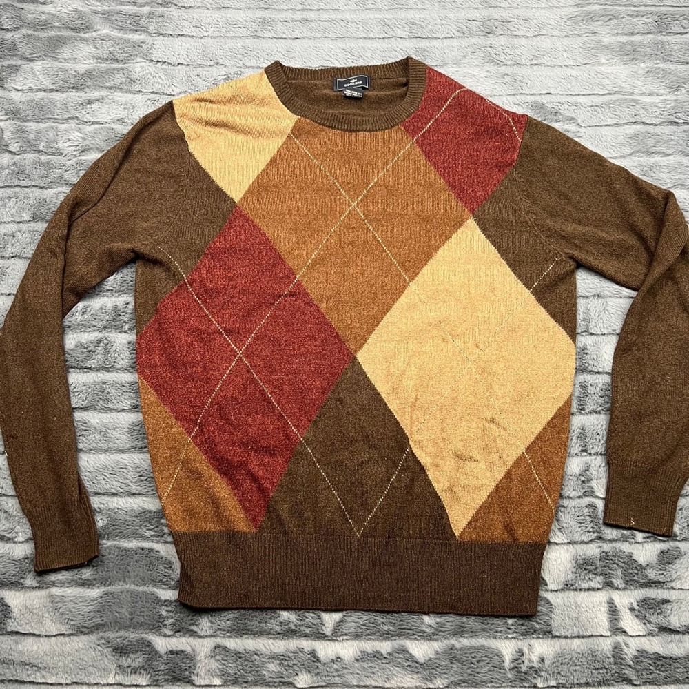 Dockers Mens Brown Argyle Crewneck Sweater Small Acrylic Knit Long Sleeve 11954